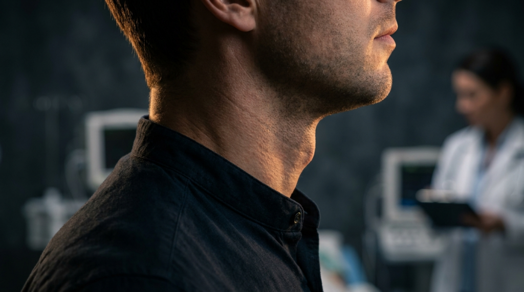 A hyper-realistic, 8k editorial portrait captured with an 85mm prime lens, focusing on the profile of a man in a clinical setting. The image utilizes dramatic side-lighting (chiaroscuro) to carve out the sharp, masculine anatomy of his jawline and neck, casting deep, sophisticated shadows that emphasize his structured features. His skin exhibits realistic texture with subtle pores and a natural, matte finish, catching a warm, rim-lit golden edge that highlights the fine hairs and contours. He is dressed in a dark, structured mandarin-collar shirt made of a crisp, textured linen-blend fabric, featuring a subtle button detail. The depth of field is shallow, rendering the background—a dimly lit, out-of-focus medical environment with monitors—as a soft, cinematic blur that establishes a professional yet enigmatic atmosphere. An out-of-focus medical professional is visible in the distance, reinforcing the clinical context.