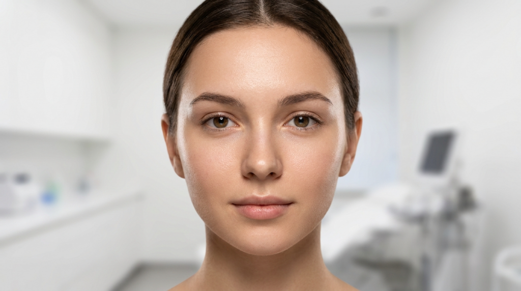 A high-end, hyper-realistic 8k clinical portrait of a young woman, captured with an 85mm portrait lens to emphasize facial symmetry and depth. The lighting is soft and diffuse, characteristic of a professional aesthetic medical setting, creating a clean, luminous glow on her complexion. Her skin texture is rendered with clinical precision, showcasing a healthy, hydrated, and natural appearance with subtle light reflection on the cheekbones and forehead. She faces the camera directly with a composed, neutral expression, highlighting refined features. The background is a professionally out-of-focus medical spa environment, rendered with a shallow depth of field that keeps the focus entirely on her, emphasizing a clinical yet elegant aesthetic.