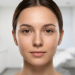 Een hoogwaardig, hyperrealistisch 8K-klinisch portret van een jonge vrouw, vastgelegd met een 85mm-portretlens om de symmetrie en diepte van haar gezicht te benadrukken. De belichting is zacht en diffuus, kenmerkend voor een professionele, esthetische medische omgeving, waardoor haar teint een heldere, stralende gloed krijgt. Haar huidtextuur is met klinische precisie weergegeven, wat een gezonde, gehydrateerde en natuurlijke uitstraling laat zien met subtiele lichtreflecties op de jukbeenderen en het voorhoofd. Ze kijkt recht in de camera met een kalme, neutrale uitdrukking, waardoor haar verfijnde gelaatstrekken worden benadrukt. De achtergrond is een professioneel onscherpe medische spa-omgeving, weergegeven met een geringe scherptediepte waardoor de focus volledig op haar blijft, wat een klinische maar elegante esthetiek benadrukt.