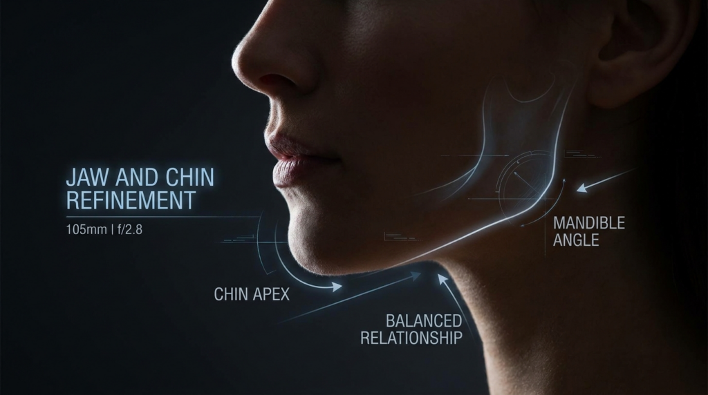 A hyper-realistic, 8k editorial medical close-up featuring a side profile of a female face, specifically focused on jaw and chin refinement. Captured with a 105mm macro lens at f/2.8, the image utilizes dramatic, controlled side-lighting that accentuates the structural contours of the jawline and neck with sharp, high-contrast definitions. The skin texture is rendered with clinical precision, showcasing natural, smooth skin luminescence. The composition is clean and technical, set against a dark, minimalist background. Overlaying the profile are sophisticated, glowing digital schematic lines and navigational markers—highlighting the 'Mandible Angle,' 'Chin Apex,' and 'Balanced Relationship'—which lend the image a futuristic, precision-oriented medical aesthetic. No clothing is visible; the focus remains entirely on the refined anatomical architecture of the lower face and throat.
