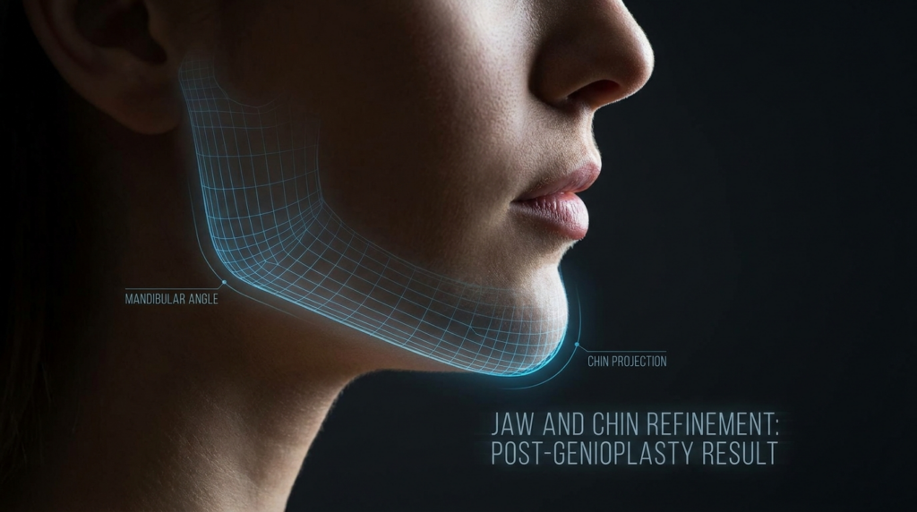 A hyper-realistic, clinical portrait of a female lower face captured with an 85mm macro lens to emphasize anatomical precision. The image utilizes dramatic, directional hard lighting from the side to create high-contrast shadows, accentuating the sculpted contours of the jawline and chin. A translucent, luminous blue wireframe mesh overlays the jaw structure, highlighting the 'mandibular angle' and 'chin projection' as focal points of the post-genioplasty refinement. The skin texture is rendered in 8k resolution, showcasing a smooth, matte finish with subtle, natural luminescence. The subject's profile is poised in a serene, neutral expression. The composition is set against a deep, minimalist black background, creating a high-end, sophisticated medical-editorial aesthetic, complemented by clean, technical typography detailing the surgical procedure.