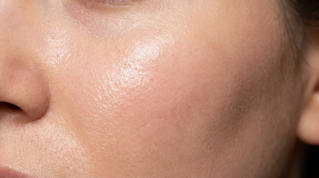 A hyper-realistic, macro 8K close-up shot capturing a section of a human face, emphasizing the raw, organic texture of the skin. Shot with a 100mm macro lens, the focus is razor-sharp, revealing fine pores, subtle vellus hairs, and a natural, dewy luminescence that highlights the topography of the cheekbone. The lighting is soft yet directional, grazing from the side to accentuate the delicate skin surface and create a natural gradient of light and shadow, avoiding harsh contrasts to maintain a clinical, editorial aesthetic. The skin tone is warm and neutral, exhibiting an authentic, unretouched quality. The composition is tightly cropped, centering on the cheek and nose bridge, evoking a high-end beauty editorial atmosphere that celebrates natural skin health and vitality. No clothing or complex background is present, keeping the focus entirely on the microscopic detail of the epidermis.