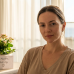 A professional, hyper-realistic 8k medium-close-up portrait of a woman, captured with an 85mm lens that creates a flattering, shallow depth of field. The subject is bathed in soft, diffused natural light pouring in from a large window, creating a serene, luminous, and clean aesthetic. She is positioned in a modern, neutral-toned interior, with a potted plant on a side table featuring a handwritten note reading '6 Months Post-Op'. Her skin is captured with natural texture and subtle clarity, reflecting a healthy, serene glow. She is dressed in a minimalist, light-toned cotton-blend V-neck top, contributing to the tranquil and approachable atmosphere. The background, hinting at a coastal view, is softly blurred, keeping the focus entirely on the subject's calm and confident expression. The overall composition is balanced and elegant, emphasizing a lifestyle-oriented editorial look.