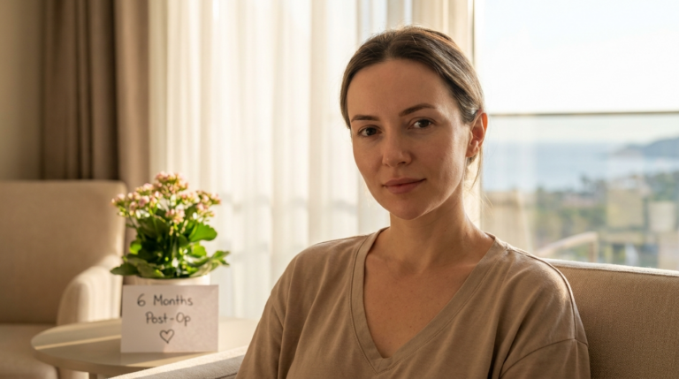 Профессиональный, гиперреалистичный портрет женщины в разрешении 8K, снятый средне-крупным планом с помощью объектива 85 мм, создающего приятную малую глубину резкости. Модель находится в мягком, рассеянном естественном свете, льющемся из большого окна, что создает спокойную, светлую и чистую эстетику. Она расположена в современном интерьере нейтральных тонов, на прикроватном столике стоит горшечное растение с рукописной запиской '6 месяцев после операции'. Ее кожа запечатлена с естественной текстурой и едва заметной четкостью, отражая здоровое, безмятежное сияние. Она одета в минималистичный, светлый топ из хлопковой смеси с V-образным вырезом, что способствует созданию спокойной и располагающей атмосферы. Фон, намекающий на вид на побережье, мягко размыт, сохраняя фокус исключительно на спокойном и уверенном выражении лица модели. Общая композиция сбалансирована и элегантна, подчеркивая стиль, ориентированный на стиль журнальной съемки.