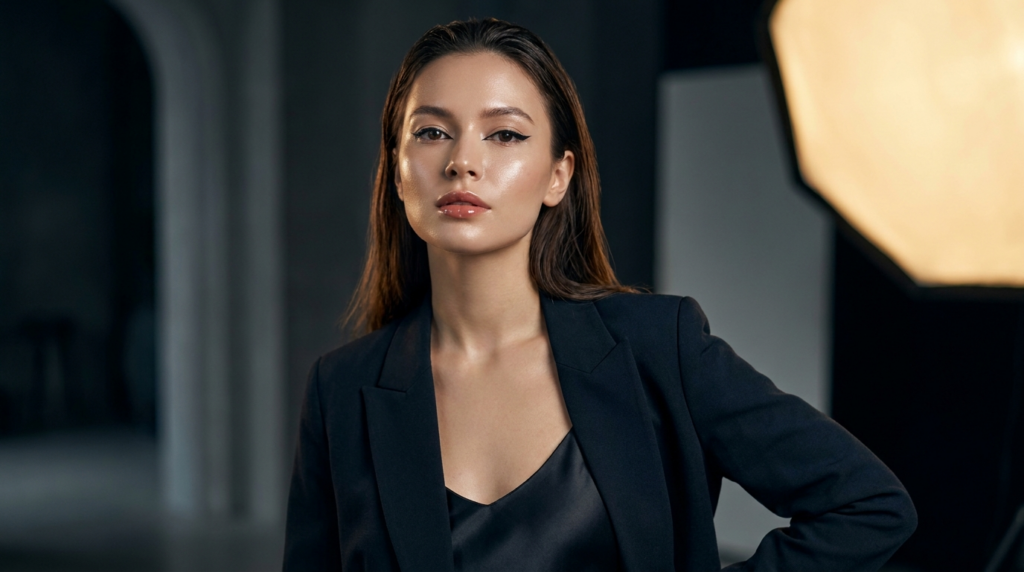 A hyper-realistic 8k editorial portrait captured with an 85mm prime lens, focusing on a woman with a confident, poised gaze. The lighting is masterfully executed using a side-angled softbox that creates a subtle, dramatic contrast, highlighting her defined facial bone structure and elegant silhouette. Her skin exhibits a luminous, dewy finish with micro-details of moisture that catch the light, emphasizing a radiant complexion. She is styled in a tailored black blazer layered over a sleek satin camisole, creating a sophisticated, high-fashion aesthetic. The background is a minimalist, dimly lit studio environment with a shallow depth of field, keeping the focus entirely on the subject’s sharp, sophisticated features and polished presence.