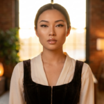 Een hyperrealistisch, 8K-portret, opgenomen met een 85mm prime-lens, wat resulteert in een zachte, geringe scherptediepte. Het onderwerp, een vrouw met verfijnde gelaatstrekken, staat centraal in een warme, van achteren verlichte industriële loftomgeving. De belichting is meesterlijk in balans met een zacht, gloeiend randlicht dat haar silhouet accentueert, gecontrasteerd door een subtiel, flatterend invullicht op haar gezicht. Haar teint is vlekkeloos, met een natuurlijke, gehydrateerde gloed en subtiele, glanzende lipaccenten. Ze draagt een gestructureerde, donkerbruine fluwelen korsettop over een crèmekleurige, zachte blouse, een mix van luxe en verfijnde textuur. De achtergrond is een prachtig wazig, warm interieur, dat de scherpe focus op de serene en evenwichtige uitdrukking van het onderwerp benadrukt, kenmerkend voor hoogwaardige modecinematografie.