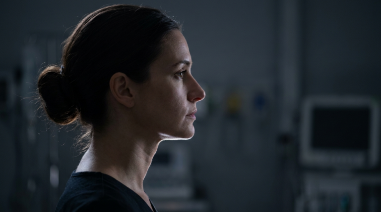 Гиперреалистичный, кинематографический портрет, снятый с помощью объектива 85 мм, фокусируется на утонченном профиле женщины. В композиции используется драматическое светотеневое освещение, где резкий, направленный источник света сзади и сверху создает поразительный эффект контурной подсветки, подчеркивая силуэт ее челюсти и шеи на фоне глубоких, приглушенных тонов окружающей среды. Качество изображения безупречное, каждая пора и тончайшая текстура кожи передаются с четкостью уровня 8K. Ее выражение лица – стоическое задумчивое, запечатленное на крупном, редакционном снимке по пояс. Фон мягко размыт, создавая впечатление клинической или стерильной обстановки благодаря нечетким очертаниям медицинских мониторов, что придает снимку мрачную, нуарную атмосферу. Она одета в простую, темную, тонкую трикотажную ткань, которая уходит в тени, подчеркивая ее уравновешенную осанку и сияние кожи под мягким, мрачным окружающим светом.