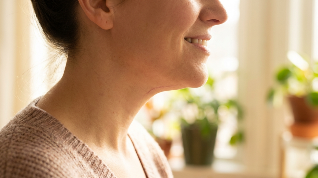 A close-up, high-resolution editorial portrait captured with an 85mm macro lens, showcasing a woman in profile. The shot, rendered in hyper-realistic detail, emphasizes the soft, natural light streaming from the side, which gracefully illuminates her jawline and neck, highlighting a faint, healed surgical scar beneath the chin. Her skin texture is authentic and luminous, displaying subtle pores and natural warmth. She is wearing a soft, textured beige knit sweater. The composition focuses on her serene expression and profile, set against a softly blurred, bright, indoor domestic background featuring out-of-focus greenery, evoking a clean, serene, and intimate atmosphere.