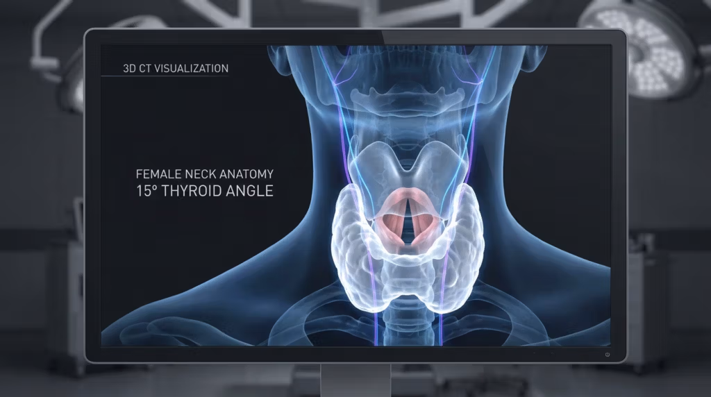 Eine professionelle medizinische Visualisierungsdarstellung zeigt einen 3D-CT-Scan der weiblichen Halsanatomie. Das mit klinischer Präzision aufgenommene Bild, das einer hyperrealistischen 8K-Darstellung ähnelt, konzentriert sich auf die Schilddrüsenregion. Die Darstellung befindet sich in einer sterilen, unscharfen OP-Umgebung mit sanfter Umgebungsbeleuchtung, wodurch die kontrastreiche, biolumineszente Benutzeroberfläche des Bildschirms hervorgehoben wird. Das 3D-Modell zeigt eine transluzente, fast ätherische Darstellung des Halsgewebes, wobei die Schilddrüse in einem sanften, inneren Leuchten und zarten Rosatönen erstrahlt, während Nervenbahnen in feinen, leuchtenden violetten Linien nachgezeichnet sind. Textüberlagerungen kennzeichnen das Objekt eindeutig als '3D-CT-VISUALISIERUNG' und 'HALSANATOMIE DER FRAU, SCHILDDRÜSE 15°-WINKEL' und bewahren so eine klare, minimalistische und moderne klinische Ästhetik. Der Fokus liegt scharf auf der digitalen Darstellung und hebt sich vom verschwommenen, kühltonigen OP-Hintergrund ab.