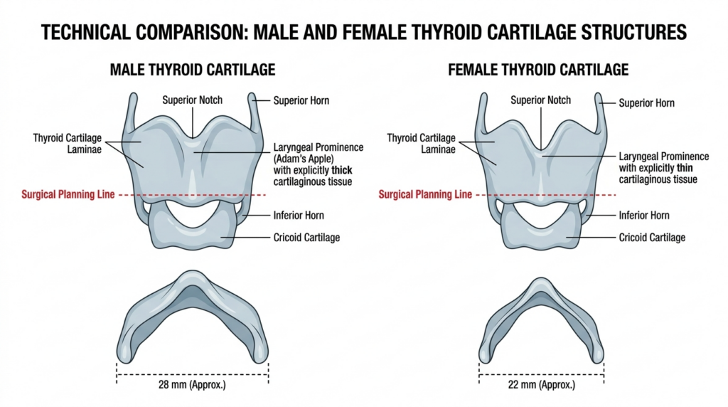 A technical medical illustration comparing male and female thyroid cartilage structures, featuring detailed anatomical diagrams labeled with terms such as Superior Notch, Laryngeal Prominence, and Surgical Planning Line, set against a clean white background.