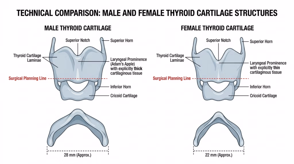 Eine technische medizinische Illustration zum Vergleich der Schildknorpelstrukturen von Mann und Frau mit detaillierten anatomischen Diagrammen, die mit Begriffen wie Superior Notch, Laryngeal Prominence und Surgical Planning Line beschriftet sind, vor einem sauberen weißen Hintergrund.