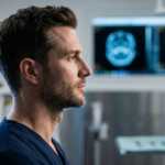 Ein hyperrealistisches 8K-Porträt eines männlichen Chirurgen in einer klinischen Umgebung. Die Aufnahme entstand mit einem 85-mm-Festbrennweitenobjektiv, wodurch eine geringe Schärfentiefe entsteht, die das scharfe Profil des Mannes vor dem sanft verschwommenen Hintergrund eines hochmodernen OP-Saals hervorhebt. Die präzise seitliche Beleuchtung nutzt eine dramatische, kontrastreiche Hell-Dunkel-Technik, die die markante Kinnlinie, die kräftige Knochenstruktur und die ausdrucksstarken Gesichtszüge des Mannes betont. Er trägt einen kurzen, gepflegten Bart und strukturiertes Haar. Seine Haut ist detailreich dargestellt, mit natürlicher Porenstruktur und subtilem Schimmer. Er trägt ein dunkelblaues OP-Hemd aus mattem Funktionsmaterial. Die Atmosphäre ist professionell, steril und konzentriert. Im Hintergrund sind medizinische Monitore mit anatomischen Scans zu sehen, die die Botschaft von Expertise und Präzision unterstreichen.