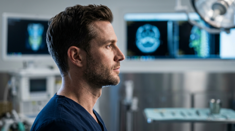 Гиперреалистичный, снятый в разрешении 8K, редакционный портрет хирурга-мужчины в клинической обстановке. Изображение получено с помощью объектива 85 мм, создающего малую глубину резкости, которая подчеркивает четкий профиль модели на фоне мягко размытого высокотехнологичного операционного помещения. Освещение точно направлено сбоку, с использованием драматичной, высококонтрастной техники светотени, которая подчеркивает точеную линию челюсти, крепкую костную структуру и четко очерченные черты лица. У модели короткая, ухоженная борода и текстурированные волосы, кожа проработана до мельчайших деталей, демонстрируя естественную структуру пор и едва заметное свечение. На нем темно-синяя медицинская рубашка из матовой технической ткани. Атмосфера профессиональная, стерильная и сосредоточенная, на заднем плане видны медицинские мониторы с анатомическими снимками, что усиливает ощущение профессионализма и точности.