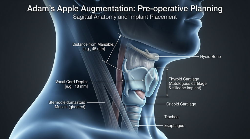 A high-fidelity, hyper-realistic medical 3D rendering visualized in 8K resolution, simulating a studio-lit clinical perspective. The image captures a precise sagittal profile of a human neck, utilized for Adam's apple augmentation planning. The lighting is characterized by cool, clinical soft-box tones with subtle rim lighting that elegantly highlights the jawline and neck anatomy, creating a clean, professional aesthetic. The subject is rendered with a smooth, translucent digital skin texture, emphasizing anatomical clarity rather than biological surface details. The composition focuses on a phantom-like, transparent visualization of the larynx, where the thyroid cartilage, hyoid bone, and surrounding structures are highlighted with subtle, glowing blue accents to demonstrate surgical implant placement. Text overlays clearly label the anatomical structures and surgical parameters, set against a dark, minimalist charcoal-grey background, maintaining an atmosphere of modern medical expertise and technical precision.