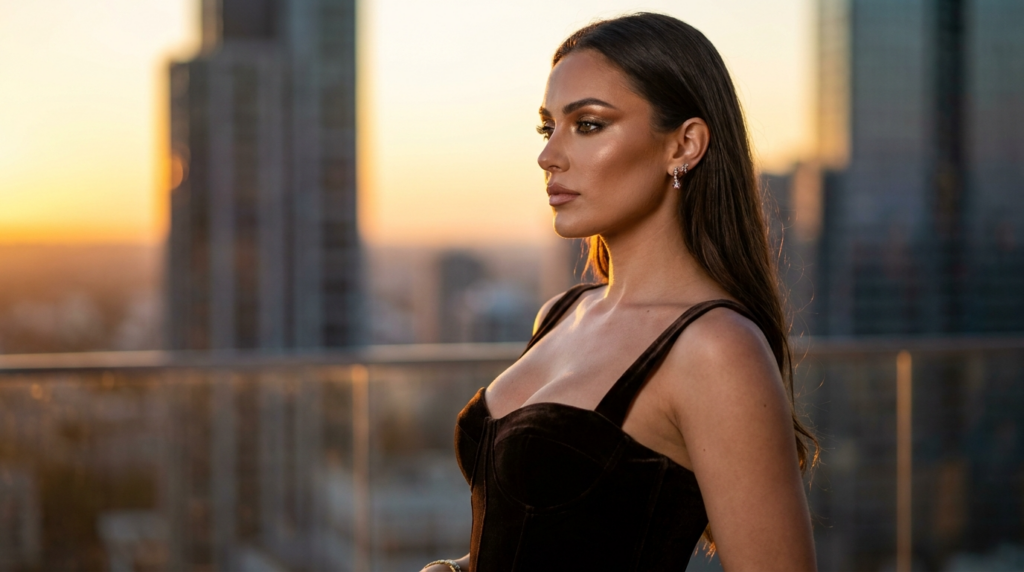 An 8k hyper-realistic editorial portrait captured with an 85mm prime lens, focusing on a woman posing against a golden-hour city skyline. The composition utilizes a shallow depth of field, rendering the urban background into a soft, atmospheric bokeh. Dramatic side-lighting from the setting sun sculpts her facial features and highlights the contours of her silhouette, creating a radiant rim-light effect on her hair and shoulders. She is wearing a structured, dark brown velvet bustier that provides a rich, tactile texture, contrasted by subtle metallic accents on her earrings. Her complexion is flawless, featuring a sophisticated luminescence that catches the warm ambient light, while her pose is elegant and composed, gazing into the distance. The overall aesthetic is one of urban luxury and high-fashion refinement.