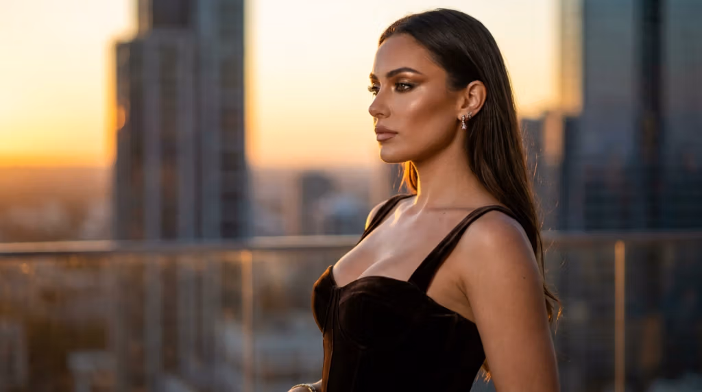 Un portrait éditorial hyperréaliste en 8K, réalisé avec un objectif fixe de 85 mm, met en scène une femme posant devant un panorama urbain baigné par la lumière dorée du crépuscule. La composition, jouant sur une faible profondeur de champ, confère à l'arrière-plan urbain un bokeh doux et atmosphérique. La lumière latérale dramatique du soleil couchant sculpte ses traits et souligne les contours de sa silhouette, créant un halo lumineux sur ses cheveux et ses épaules. Elle porte un bustier structuré en velours brun foncé, à la texture riche et tactile, contrastant avec les subtiles touches métalliques de ses boucles d'oreilles. Son teint est parfait, d'une luminosité sophistiquée qui capte la douce lumière ambiante, tandis que sa pose, élégante et sereine, se porte vers l'horizon. L'esthétique générale évoque le luxe urbain et le raffinement de la haute couture.