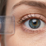 Eine hochauflösende, hyperrealistische Makroaufnahme zeigt das Auge eines Patienten während einer klinischen Untersuchung. Die Aufnahme entstand mit einem 85-mm-Makroobjektiv, das für außergewöhnliche Schärfe und eine geringe Schärfentiefe sorgt. Dadurch werden die feinen Strukturen der Iris – ein Mix aus kühlen Blau- und warmen Bernsteintönen – und die zarte Haut um die Augenhöhle hervorgehoben. Sanftes, klinisches Licht erhellt das Gesicht und betont die natürliche Hautstruktur, feine Linien und den subtilen Schimmer der Augenflüssigkeit. Die Hand eines Arztes, behandschuht mit einem leuchtend blauen medizinischen Latex, hält ein transparentes, kalibriertes Kunststofflineal präzise an den äußeren Augenwinkel, um die anatomischen Proportionen zu messen. Eine dezente digitale Hilfslinie verläuft durch das Bildfeld. Die Komposition ist steril und präzise, ganz auf medizinische Dokumentation und professionelle Ästhetik ausgerichtet und hebt sich vor einem neutralen, reinweißen Hintergrund ab.