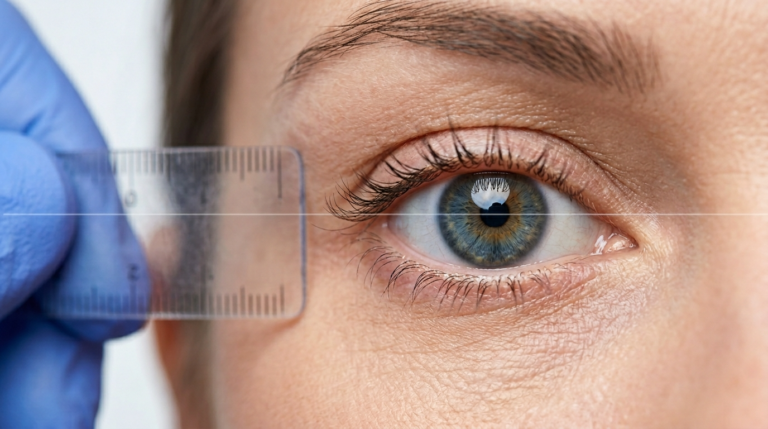 Высококачественная, гиперреалистичная макрофотография, сделанная во время медицинского осмотра пациента. Снимок выполнен с помощью макрообъектива 85 мм, обеспечивающего исключительную резкость и малую глубину резкости, которая подчеркивает сложную текстуру радужной оболочки — сочетание холодных синих и теплых янтарных тонов — и нежную кожу вокруг глазницы. Мягкое, клиническое освещение освещает лицо, подчеркивая естественную текстуру кожи, тонкие линии и едва заметное свечение влаги в глазу. Рука врача в ярко-синей медицинской латексной перчатке точно прижимает прозрачную калиброванную пластиковую линейку к внешнему уголку глаза, измеряя анатомические пропорции, что подчеркнуто едва заметной цифровой направляющей линией, пересекающей кадр. Композиция стерильна и точна, полностью сосредоточена на медицинской документации и профессиональной эстетике, на нейтральном, чистом белом фоне.