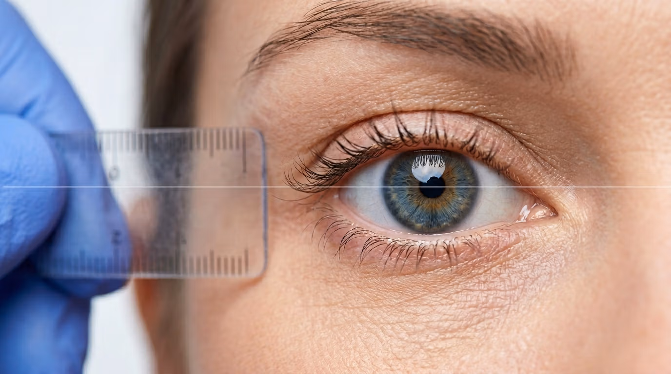 Klinik değerlendirme sırasında bir hastanın gözünü yakalayan yüksek çözünürlüklü, hiper gerçekçi bir makro tıbbi fotoğraf. Çekim, olağanüstü keskinlik ve iris dokusunun (soğuk mavi ve sıcak kehribar tonlarının karışımı) ve göz çevresindeki hassas cildin vurgulanması için sığ bir alan derinliği sağlayan 85 mm'lik bir makro lensle gerçekleştirilmiştir. Yumuşak, klinik aydınlatma yüzü aydınlatarak doğal cilt dokusunu, ince çizgileri ve gözdeki nemin hafif ışıltısını vurgular. Canlı mavi tıbbi lateks eldiven giymiş bir uygulayıcının eli, anatomik oranları ölçmek için şeffaf, kalibre edilmiş plastik bir cetveli gözün dış köşesine tam olarak tutar; bu ölçüm, çerçeveyi kesen hafif bir dijital kılavuz çizgisiyle vurgulanmıştır. Kompozisyon steril ve hassastır, tamamen tıbbi dokümantasyona ve profesyonel estetiğe odaklanmıştır ve nötr, temiz beyaz bir arka plana karşı yerleştirilmiştir.