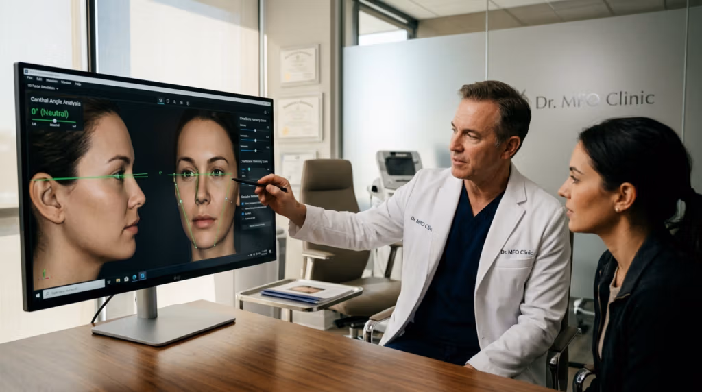 85 mm portre lensiyle çekilmiş, Dr. MFO Kliniği'nde bir tıp konsültasyonunu gösteren, profesyonel, hiper gerçekçi 8K çözünürlükte bir editoryal fotoğraf. Kompozisyon, lacivert ameliyat önlüğü üzerine beyaz bir laboratuvar önlüğü giymiş, yeşil analitik ızgaralarla gelişmiş 3D yüz modelleme yazılımını gösteren büyük bir bilgisayar monitörüne doğru işaret eden bir erkek hekimi merkez alıyor. Yanında, bir kadın hasta dikkatle dinliyor. Aydınlatma parlak, temiz ve klinik olup, profesyonel ortamı ve öznelerin doğal cilt dokularını vurgulayan yumuşak, yayılmış ortam ışığı kullanıyor. Atmosfer, buzlu cam bölmelerle temiz, modern bir tıp iç mekanı, arka planda yumuşak odaklı ofis ekipmanları ve ön planda sıcak tonlu ahşap bir masa ile karakterize edilen sofistike ve yüksek teknoloji ürünüdür. Görüntü, hassasiyeti, netliği ve modern teknolojinin estetik tıp ile kesişimini vurguluyor.