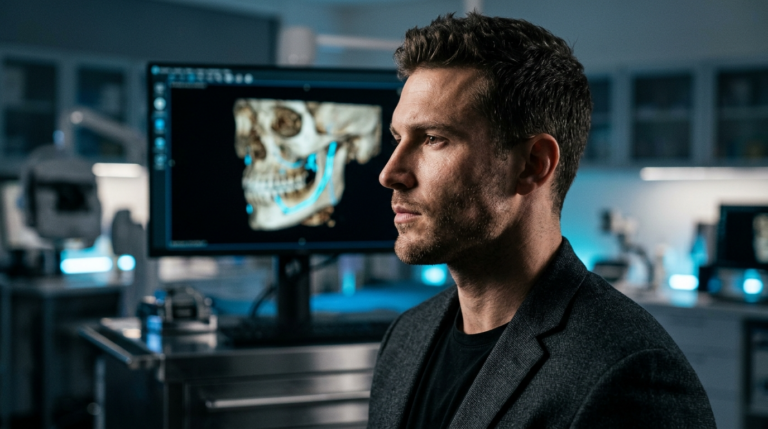 Гиперреалистичный, снятый в разрешении 8K, редакционный портрет мужчины-профессионала в современной медицинской или исследовательской лаборатории. Изображение, полученное с помощью объектива 85 мм, отличается малой глубиной резкости, что обеспечивает четкую фокусировку на точеной линии челюсти и задумчивом выражении лица. Драматическое боковое освещение создает высококонтрастные тени, подчеркивающие структурированную анатомию лица и легкую щетину. Текстура кожи воспроизведена с клинической точностью, демонстрируя естественное свечение и мелкие поры. Он одет в темный, фактурный пиджак угольного цвета поверх простой черной рубашки, что создает утонченную, техничную эстетику. Фон представляет собой мягко размытую высокотехнологичную лабораторную среду, характеризующуюся холодным синим освещением, с большим монитором, отображающим детальную 3D-реконструкцию черепа с зубами, что придает сцене клиническую, футуристическую и профессиональную атмосферу.