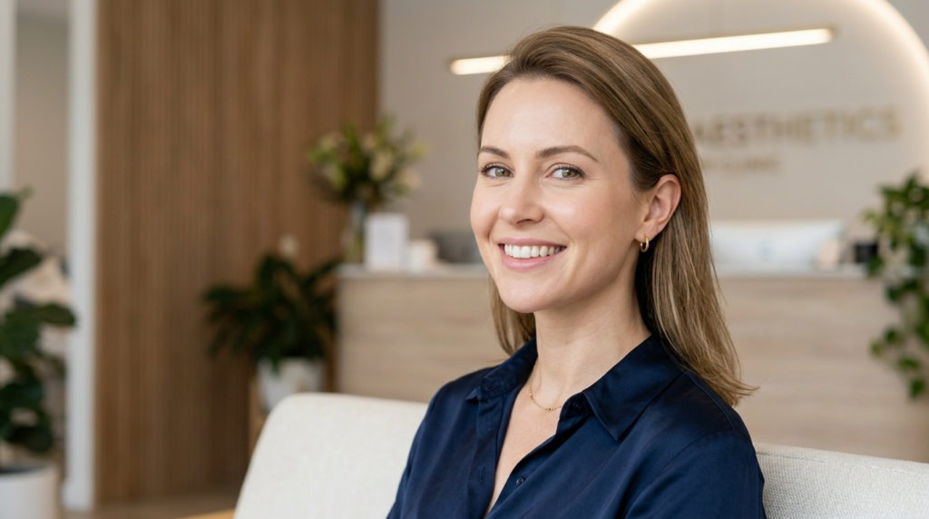 A hyper-realistic, professional editorial portrait of a woman in a clinical aesthetics setting, captured with an 85mm portrait lens at an f/2.8 aperture to achieve a shallow depth of field. The lighting is soft and diffused, characteristic of high-end commercial photography, creating a flattering glow on her skin and highlighting her natural, radiant complexion with subtle luminescence. She is depicted with poised, elegant posture, wearing a dark navy blue silk blouse that drapes naturally, accessorized with minimalist gold hoop earrings and a delicate chain necklace. The background features a sophisticated, modern clinic interior with warm wood panelling, soft indoor greenery, and a subtly blurred reception area, exuding an atmosphere of luxury and professional wellness. The image quality is pristine, emphasizing the smooth, well-hydrated texture of her skin and the intricate, subtle shimmer of the silk fabric, all rendered in 8k resolution for exceptional clarity.