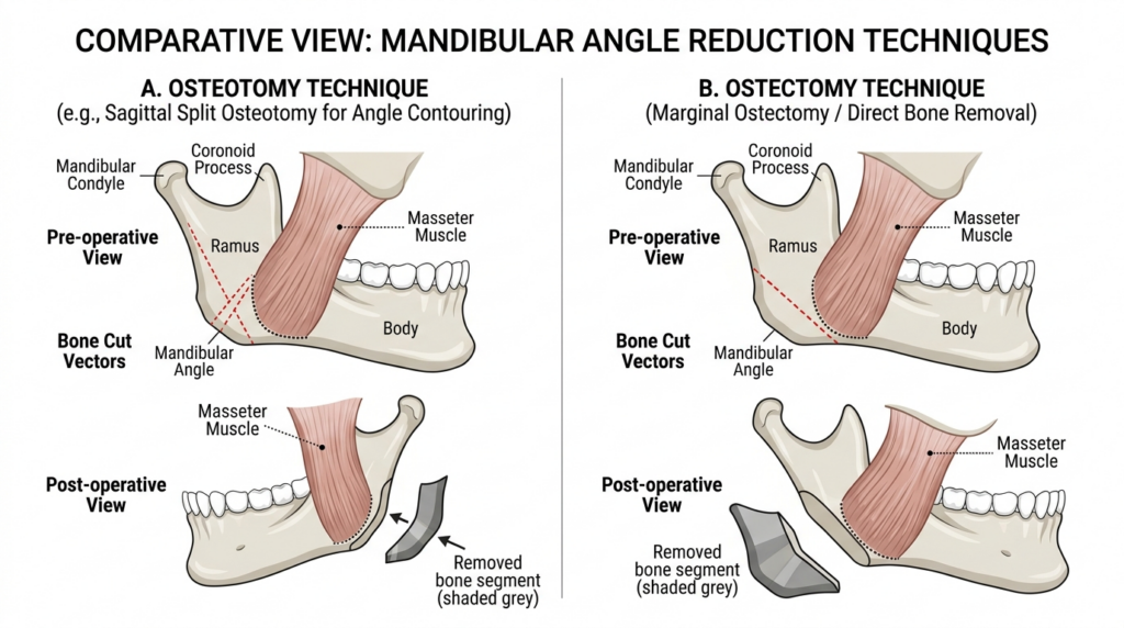 A clean, high-resolution medical illustration comparing two mandibular angle reduction surgical techniques: A. Osteotomy (Sagittal Split) and B. Ostectomy (Marginal). The image features two columns with white backgrounds, showcasing anatomical diagrams of the human jaw bone and masseter muscle. The style is clinical, educational, and minimalist, utilizing a neutral color palette of soft bone-toned beige, muscular pinks, and clinical grey for the bone segments. The illustration emphasizes precision, with clear dashed lines indicating bone cut vectors and labels for anatomical structures like the mandibular condyle, coronoid process, ramus, and body, effectively communicating complex surgical procedures in a professional, high-contrast digital format.
