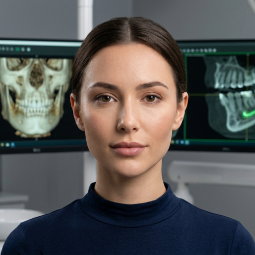 A hyper-realistic, 8k editorial portrait captured with an 85mm lens, showcasing a woman with a serene, professional demeanor positioned centrally in a sterile, modern dental clinic. The lighting is soft and diffused, creating a flattering, natural radiance on her complexion while subtly highlighting the soft contours of her face and refined jawline. Her skin texture is rendered with impeccable precision, displaying a healthy, hydrated luminescence with realistic micro-details. She is dressed in a sleek, dark-toned high-neck garment made of a fine-knit fabric, providing a sophisticated contrast. The composition utilizes a shallow depth of field, bringing the subject into sharp focus while the background—a clinical setting with diagnostic 3D skull and jawbone digital imaging screens—remains softly blurred, evoking an atmosphere of advanced technological precision and high-end medical expertise.