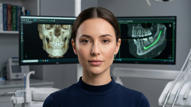 Гиперреалистичный 8K-портрет, снятый с помощью 85-миллиметрового объектива, демонстрирует женщину со спокойной, профессиональной осанкой в центре стерильной современной стоматологической клиники. Мягкое и рассеянное освещение создает приятное, естественное сияние на ее лице, тонко подчеркивая мягкие контуры лица и изящную линию подбородка. Текстура кожи передана с безупречной точностью, демонстрируя здоровое, увлажненное сияние с реалистичными микродеталями. Она одета в элегантное темное платье с высоким воротником из тонкой трикотажной ткани, создающее изысканный контраст. Композиция использует малую глубину резкости, фокусируясь на объекте, в то время как фон — клиническая обстановка с диагностическими 3D-экранами для цифровой визуализации черепа и челюсти — остается мягко размытым, создавая атмосферу передовой технологической точности и высококлассной медицинской экспертизы.