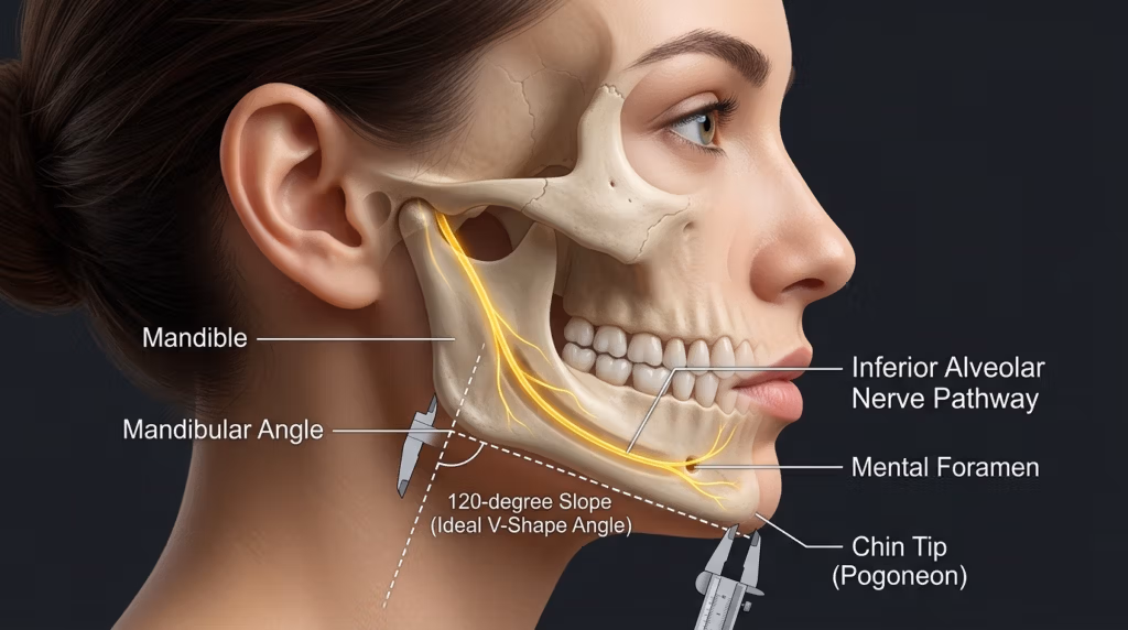 Kadın insan profilinin iskelet yapısını ve sinir anatomisini sergileyen, son derece detaylı, hiper gerçekçi 8K tıbbi editoryal illüstrasyon. Klinik makro estetiğiyle yakalanan görüntü, hassasiyeti vurgulamak için net ve keskin bir odak kullanıyor. Yan açılı aydınlatma, sofistike ve eğitici bir atmosfer yaratıyor ve çene kemiğini, çene açısını ve alt alveolar sinir yolunu kemik yapısına karşı parlak, ışıldayan altın renginde vurguluyor. Cilt dokusu klinik pürüzsüzlükle işlenmiş olup, kafatası ve sinirlerin saydam kaplamasına ince bir kontrast sağlıyor. V şeklindeki çene hattının 120 derecelik eğimini ve çene ucunu (pogonion) ölçen bir kumpas da dahil olmak üzere hassas aletler kompozisyona entegre edilmiştir. Temiz, profesyonel koyu arduvaz bir arka plana karşı, düzen net ve zarif tipografi ile organize edilmiş olup, mental foramen gibi anatomik dönüm noktalarını tanımlayarak steril ancak görsel olarak çarpıcı bir tıbbi estetik ortaya koyuyor.