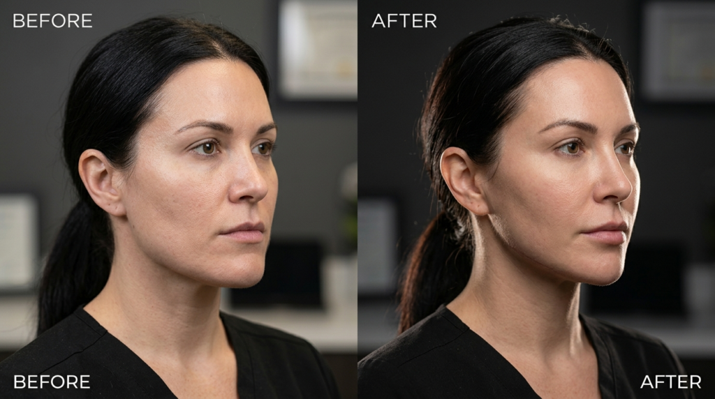A split-screen comparison image, likely shot with a high-fidelity 85mm macro lens to achieve 8k hyper-realistic clarity, showcases a professional aesthetic treatment. The lighting design employs a precise, studio-grade side-lighting technique that casts subtle, dramatic shadows, accentuating the subject's refined jawline and facial contours. The subject, a woman with a poised, neutral expression, displays a natural skin texture where light plays across the surface with subtle luminescence, emphasizing a refreshed and hydrated complexion. She is dressed in a minimalist, black professional top, rendered with high-quality textile detail. The background is a soft-focus, professional medical office environment, providing a clean, clinical, yet sophisticated atmosphere that keeps the sharp focus entirely on the transformative facial features.