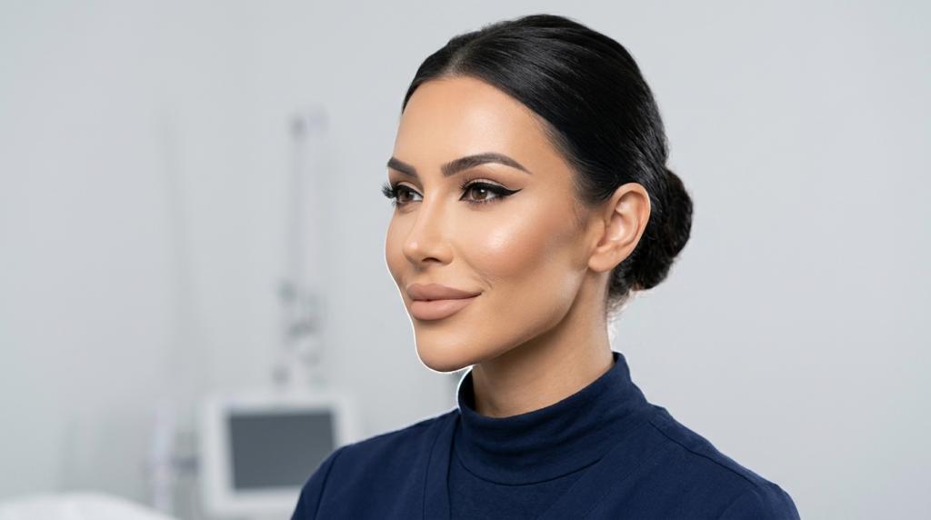 A hyper-realistic, 8k editorial portrait captured with an 85mm prime lens, focusing on a woman with refined facial features. The lighting is soft and professional, emphasizing the sharp contours of her jawline and high cheekbones, creating a subtle, elegant dimension. Her skin texture is impeccable, boasting a smooth, satin-like luminescence with no visible sweat or moisture, appearing immaculately groomed. She is wearing a dark navy, high-neck fitted garment with a matte fabric finish. The composition is a clean head-and-shoulders shot, set against a blurred, minimalist clinical-style background that keeps the focus entirely on her polished, serene expression.