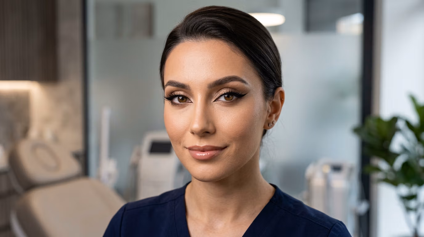Portrait professionnel d'une esthéticienne, réalisé avec un objectif 85 mm pour une faible profondeur de champ et une netteté hyperréaliste. La lumière douce et diffuse sublime son teint et met en valeur ses traits fins et élégants. Elle adopte une posture assurée et sereine, dégageant une sophistication clinique. Sa peau, au grain impeccable, paraît hydratée et d'une luminosité subtile et saine. Elle porte un chemisier médical bleu marine foncé, à l'esthétique moderne et épurée. L'arrière-plan, légèrement flou, représente une clinique médicale haut de gamme aux tons feutrés, la faisant ainsi rayonner au premier plan de ce portrait raffiné de style éditorial.