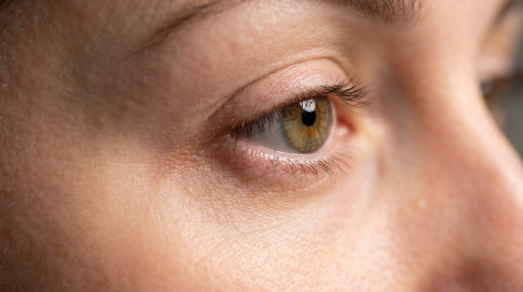A hyper-realistic, 8K extreme close-up macro portrait of a human eye, captured with an 85mm macro lens to emphasize intricate biological detail. The lighting is soft and diffused, creating a natural, lifelike glow that highlights the subtle textures of the skin, including fine pores and natural complexion variations. The iris displays a complex, multi-tonal hazel-green pattern, with delicate depth and crisp clarity. The focus is razor-sharp on the eye, with a shallow depth of field gently blurring the surrounding skin and facial contours. The overall atmosphere is intimate and clinical, prioritizing authentic human anatomy and texture over staged artifice. There are no synthetic fabrics or hardware present; the focus remains entirely on the organic, raw beauty of the human gaze.