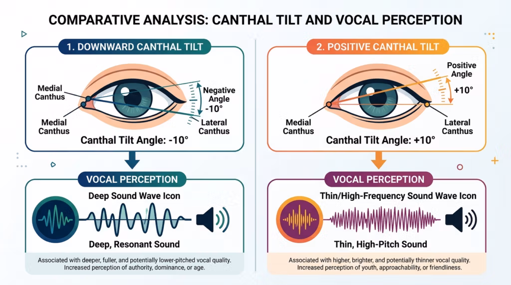 Cette infographie pédagogique, intitulée ' Analyse comparative : inclinaison canthale et perception vocale ', présente une analyse structurée de l'anatomie faciale et de son lien perçu avec les caractéristiques vocales. Le schéma est divisé en deux sections principales : la colonne de gauche met en évidence l'' inclinaison canthale vers le bas ' (angle négatif de -10°), illustrée par un œil humain simplifié et une icône représentant une onde sonore grave et profonde. La colonne de droite détaille l'' inclinaison canthale positive ' (angle positif de +10°), avec une forme d'œil différente et une icône représentant une onde sonore fine et aiguë. La conception adopte une esthétique épurée et professionnelle, avec un code couleur distinct (bleu/turquoise pour la gauche, orange/violet pour la droite) sur un fond clair et neutre. Des lignes techniques et des annotations de mesure permettent de communiquer clairement les relations anatomiques. La partie inférieure fournit des interprétations textuelles associant l'inclinaison vers le bas à des qualités vocales résonnantes et autoritaires, et l'inclinaison vers le haut à des caractéristiques vocales plus aiguës et accessibles.