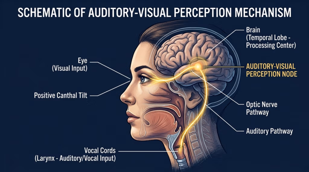 Illustration médicale schématique très détaillée et professionnelle, intitulée ' Schéma du mécanisme de perception auditivo-visuelle ', présentée dans un style clinique épuré. L'image offre une vue de profil hyperréaliste de la tête et du cou d'une femme, rendue avec une netteté 8K, comme si elle avait été capturée par un objectif macro haute résolution de 100 mm, afin de souligner la précision anatomique. L'éclairage, doux et diffus, est typique des visualisations scientifiques et privilégie la clarté aux ombres marquées. Le sujet est représenté avec des traits fins et élégants, mettant en valeur une légère inclinaison canthale et une structure faciale bien définie. Les éléments anatomiques tels que le cerveau (en particulier le lobe temporal), les cordes vocales et les voies neuronales sont rendus avec des textures biologiques complexes, de style dessin à la main. Les voies neuronales sont illuminées d'une lumière dorée chaude et lumineuse qui contraste avec le fond bleu marine profond et feutré. L'ensemble constitue un schéma technique sophistiqué et pédagogique, alliant rigueur scientifique et esthétique soignée.