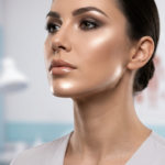 Een hyperrealistisch, professioneel 8K-portret van een vrouw met een verfijnde, elegante uitstraling, vastgelegd met een 85mm prime-lens voor een scherpe, geringe scherptediepte. De belichting is verfijnd en gericht, met zachte, studio-kwaliteit highlights die haar gelaatstrekken accentueren en haar hoge jukbeenderen en strakke kaaklijn benadrukken. Haar huid heeft een stralende, gehydrateerde en dauwfrisse finish, met een natuurlijke textuur en een subtiele, stralende gloed. Ze is afgebeeld met een neutrale, professionele uitdrukking en draagt een minimalistisch, lichtgekleurd kledingstuk van een gladde, verfijnde stof. De compositie focust sterk op haar profiel, met een zacht vervaagde, klinische of minimalistische achtergrond, wat een gepolijste, hoogwaardige redactionele uitstraling creëert.