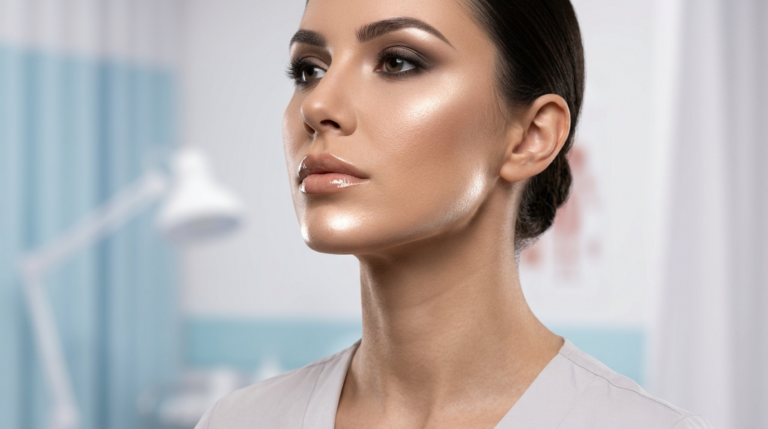 A hyper-realistic, 8k professional beauty portrait of a woman with a refined, elegant demeanor, captured with an 85mm prime lens to achieve a crisp, shallow depth of field. The lighting is sophisticated and directional, utilizing soft studio-quality highlights that sculpt her facial features, emphasizing high cheekbones and a defined jawline. Her skin possesses a luminous, hydrated, and dewy finish, showcasing natural texture and a subtle, radiant glow. She is depicted with a neutral, professional expression, wearing a minimalist, light-toned garment made of a smooth, refined fabric. The composition focuses intently on her profile, with a softly blurred clinical or clean-minimalist background, creating a polished, high-end editorial aesthetic.