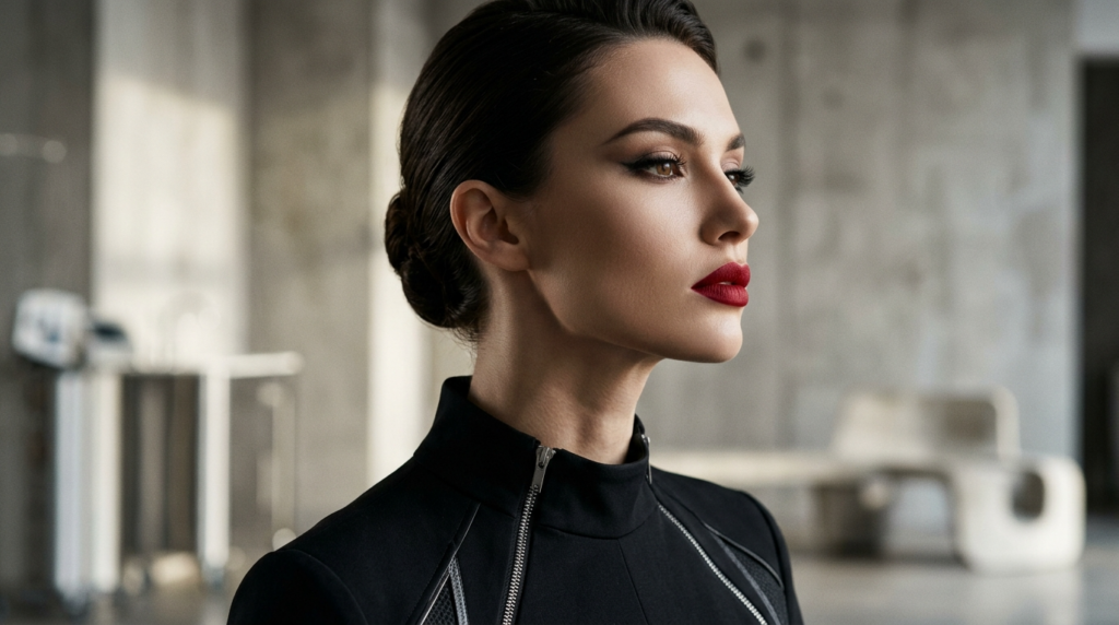 A hyper-realistic, 8k editorial portrait captured with an 85mm prime lens, focusing on a woman with sharp, sophisticated features. The composition uses dramatic side-lighting to accentuate her chiseled jawline, high cheekbones, and elegant profile, casting subtle shadows that add depth and a modern noir aesthetic. Her skin is captured with pristine clarity, showcasing a subtle, natural luminescence and a flawless matte complexion. She wears a structured, high-neck black garment featuring precise metallic zipper hardware and textural paneling that contrasts with the soft, out-of-focus industrial concrete backdrop. The overall atmosphere is one of refined, high-fashion minimalism, highlighting a poised posture and an air of composed intensity.