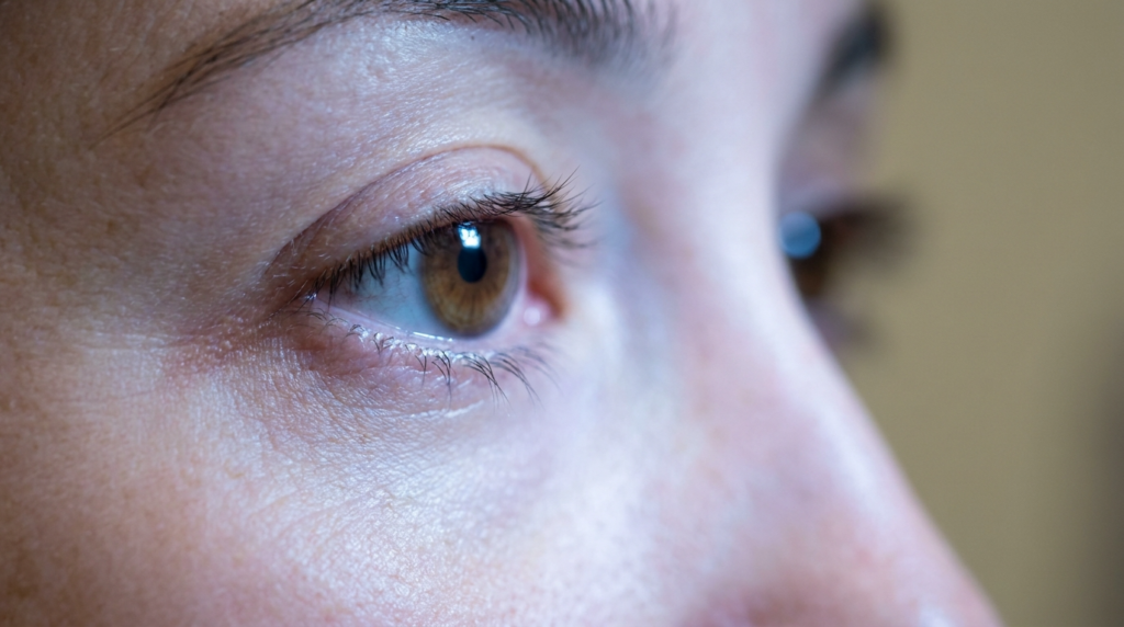 A hyper-realistic, extreme close-up macro editorial shot of a human eye, captured with an 85mm macro lens to achieve razor-thin depth of field. The image is rendered in 8k resolution, highlighting the intricate, organic texture of the iris in rich hazel-brown tones. Soft, diffused lighting gently grazes the eyelid and bridge of the nose, accentuating natural, lifelike skin porosity and delicate, fine-line skin texture without harsh shadows. The subject, a woman, displays a contemplative, serene gaze, with sharp focus placed meticulously on the lashes and the crystalline clarity of the eye. The background is a soft-focus, neutral blur, creating an intimate and minimalist aesthetic that emphasizes the raw, candid beauty of human anatomy. No clothing, accessories, or high-contrast industrial elements are present; the composition is entirely focused on the profound detail and luminescence of the ocular structure.