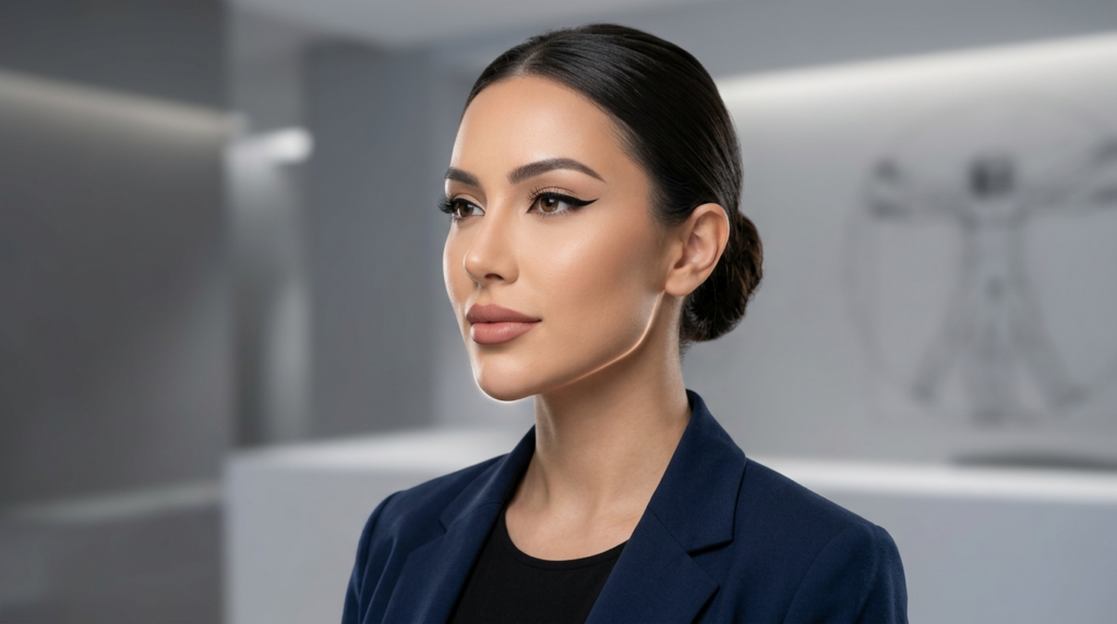 A high-end, hyper-realistic 8k editorial portrait of a woman, captured with an 85mm prime lens for shallow depth of field. The lighting is precision-engineered, employing a refined soft-box approach that casts elegant, subtle highlights along the jawline and cheekbones, enhancing facial symmetry. The subject, a woman with a poised and confident posture, exhibits a complexion characterized by a flawless, satin-smooth finish with a subtle, healthy luminescence. She is styled in a sophisticated, structured navy blue blazer over a black top, projecting a professional and modern aesthetic. The composition is clean and minimalist, set against a softly blurred, neutral clinical interior that echoes a high-luxury environment, with a faint, symbolic Vitruvian Man motif subtly integrated into the background wall. The overall image quality is sharp, showcasing meticulous attention to skin texture, precise makeup application, and impeccable grooming.