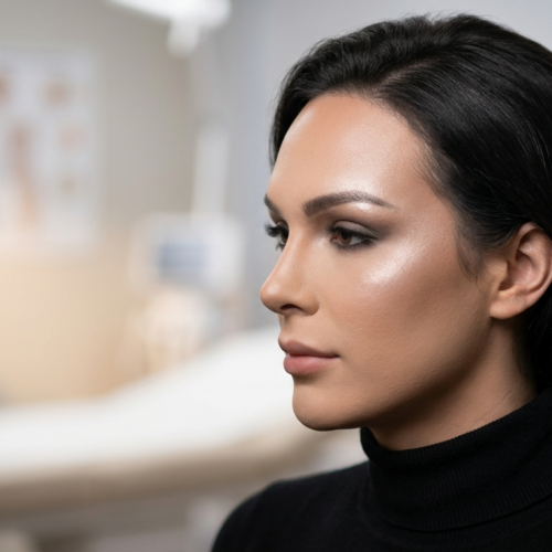 A hyper-realistic, 8k professional studio portrait of a woman with sharp, feminine facial features, captured with an 85mm prime lens to emphasize a shallow depth of field. The subject is posed in profile, illuminated by soft, directional studio lighting that sculpts her cheekbones and jawline, creating a sophisticated and elegant atmosphere. Her complexion is flawless, featuring a subtle, luminous highlight on the high points of her face and refined, natural makeup. She wears a minimalist black turtleneck, focusing all attention on her sculpted anatomy. The background is a blurred, clinical medical setting, suggesting a professional aesthetic clinic, rendered with soft bokeh that maintains a clean, high-end editorial look. The overall composition balances modern portraiture techniques with a polished, luxurious aesthetic.