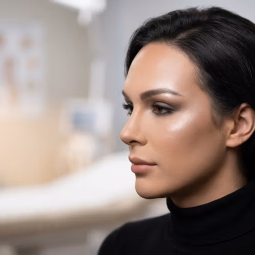 Ein hyperrealistisches 8K-Studio-Porträt einer Frau mit markanten, femininen Gesichtszügen, aufgenommen mit einem 85-mm-Festbrennweitenobjektiv, um eine geringe Schärfentiefe zu erzielen. Das Model posiert im Profil, sanft beleuchtet von gerichtetem Studiolicht, das ihre Wangenknochen und Kieferpartie betont und eine elegante, raffinierte Atmosphäre schafft. Ihr Teint ist makellos, mit einem dezenten, leuchtenden Highlight auf den höchsten Punkten ihres Gesichts und einem dezenten, natürlichen Make-up. Sie trägt einen minimalistischen schwarzen Rollkragenpullover, der die Aufmerksamkeit auf ihre wohlgeformte Figur lenkt. Der Hintergrund zeigt eine verschwommene, klinisch anmutende Umgebung, die an eine professionelle Schönheitsklinik erinnert. Das sanfte Bokeh sorgt für einen klaren, hochwertigen Look. Die Komposition vereint moderne Porträttechniken mit einer edlen, luxuriösen Ästhetik.