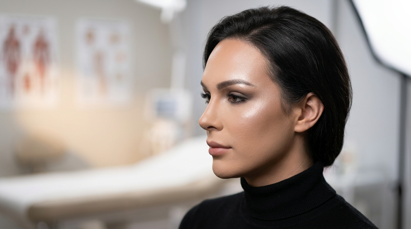A hyper-realistic, 8k professional studio portrait of a woman with sharp, feminine facial features, captured with an 85mm prime lens to emphasize a shallow depth of field. The subject is posed in profile, illuminated by soft, directional studio lighting that sculpts her cheekbones and jawline, creating a sophisticated and elegant atmosphere. Her complexion is flawless, featuring a subtle, luminous highlight on the high points of her face and refined, natural makeup. She wears a minimalist black turtleneck, focusing all attention on her sculpted anatomy. The background is a blurred, clinical medical setting, suggesting a professional aesthetic clinic, rendered with soft bokeh that maintains a clean, high-end editorial look. The overall composition balances modern portraiture techniques with a polished, luxurious aesthetic.
