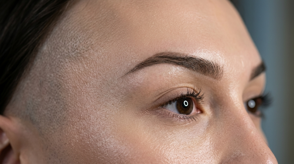 A hyper-realistic, extreme close-up macro portrait focusing on the upper facial features of a person, likely captured with an 85mm or 100mm macro lens to achieve razor-sharp detail and a shallow depth of field. The lighting is meticulously engineered, utilizing a soft-box or ring-light source that creates a distinct circular catchlight in the irises, while casting gentle, flattering highlights across the temple and brow bone. The skin texture is rendered in 8k clarity, revealing natural pores, fine vellus hairs near the hairline, and a subtle, healthy luminescence. The subject features a precise, modern brow grooming, perfectly shaped to frame the eye. A signature stylistic choice is the shaved, buzzed haircut at the temple, adding an edgy, contemporary aesthetic to the elegant facial features. The composition is intimate and clinical yet sophisticated, emphasizing the precision of the grooming and the pristine condition of the skin, set against a softly blurred, neutral-toned professional studio background.