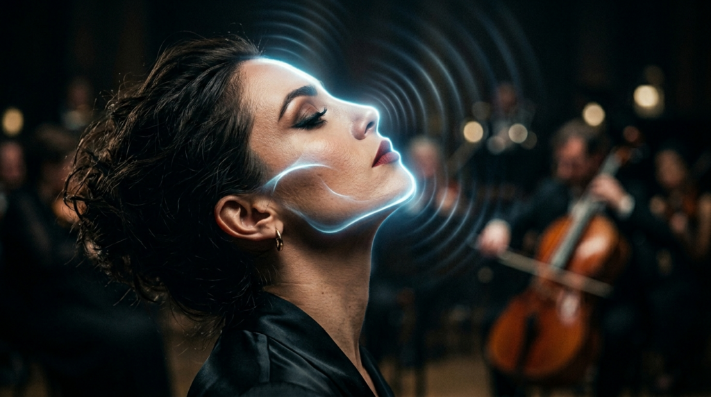 This hyper-realistic, 8K editorial portrait captures a woman in a moment of profound artistic immersion. Shot with an 85mm prime lens for a flattering, compressed compression, the image focuses on the subject's profile, highlighting her elegant facial structure and defined jawline. The lighting is masterfully executed; a sharp, dramatic side-key light contours her features, while an ethereal, cyan-toned bioluminescent wave emanates from her face, creating a surreal ripple effect that symbolizes sensory resonance. Her skin texture is rendered with clinical precision, showcasing subtle pores and a natural, soft-matte finish that catches the cool rim light. She is dressed in a sophisticated black silk garment that absorbs the surrounding darkness, grounding the composition. The background is a soft-focus, bokeh-rich orchestral setting, where the blurred silhouette of a cellist enhances the noir, sophisticated, and high-culture atmosphere of the scene.