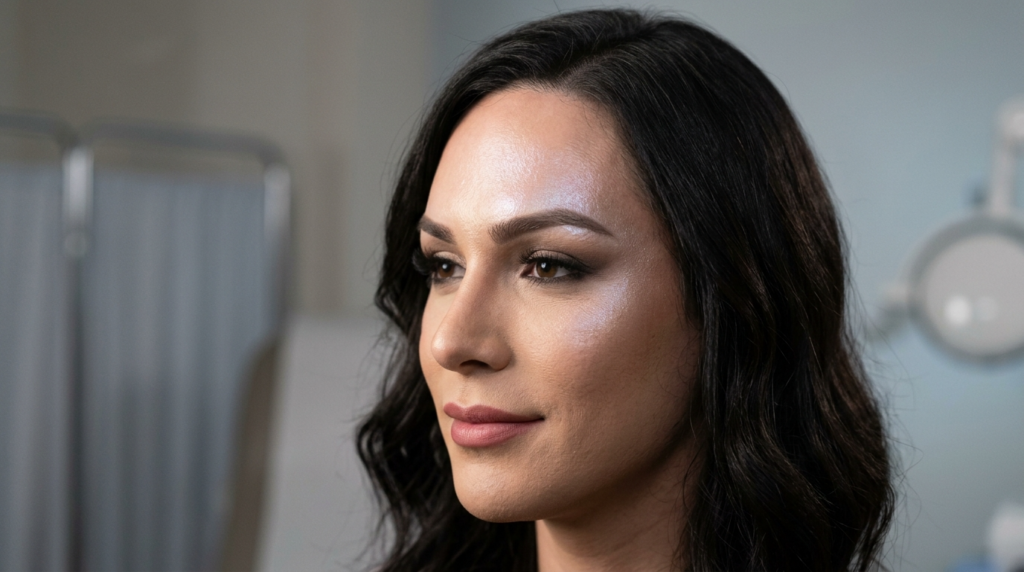 A professional editorial portrait featuring a woman with dark wavy hair and a serene expression, captured with an 85mm portrait lens at an f/1.8 aperture, rendering a sharp focus on her facial features against a soft-focus clinical background. The hyper-realistic image exhibits masterful lighting with a cool-toned side-light that accentuates her bone structure, particularly her cheekbones and jawline. Her complexion is flawless, characterized by a luminous, dewy finish with subtle, iridescent highlights on the high points of her face. The lighting design emphasizes natural skin texture while highlighting her sculpted features, conveying a sophisticated and clean aesthetic suitable for a high-end medical or luxury beauty campaign. The composition is a tight portrait, focusing on her poised, elegant demeanor in a serene, modern, and sterile environment.