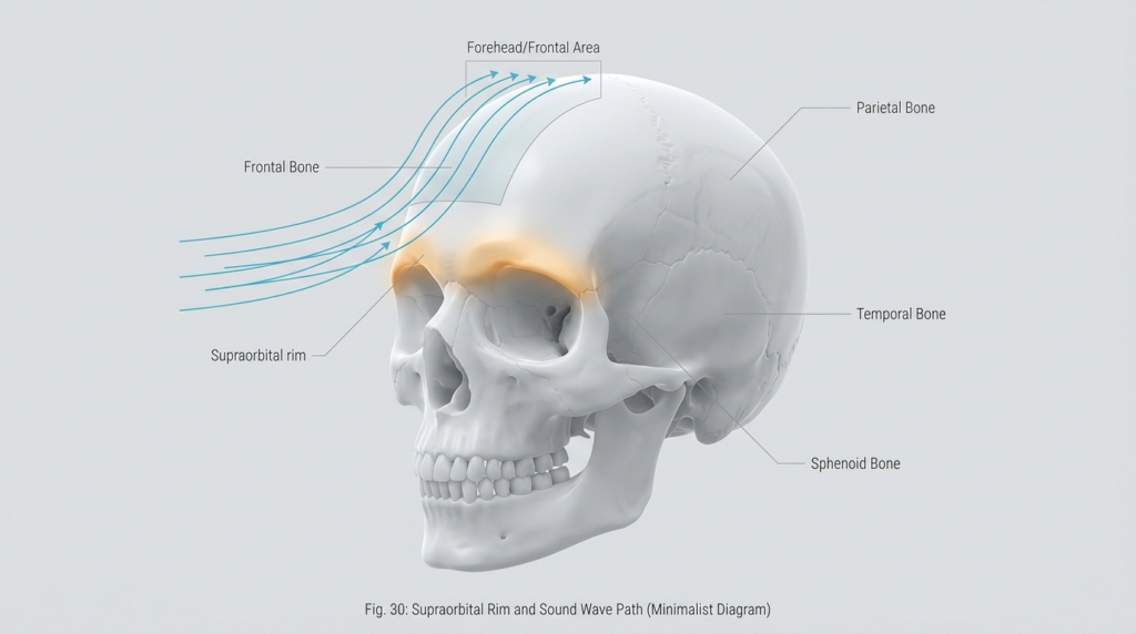 A minimalist scientific diagram illustrating the supraorbital rim and the path of sound waves through the cranial bones, specifically the frontal, parietal, temporal, and sphenoid bones, in a hyperrealistic 3D rendering. --- ### Editorial Description: Technical and Aesthetic Analysis #### Camera and Optics This image appears to be a hyperrealistic 3D rendering rather than a traditional photograph. However, if we were to translate its visual qualities into photographic terms: - **Lens Type**: The level of detail and depth suggests the use of a high-resolution macro lens, such as an 85mm or 100mm macro lens, to capture fine anatomical details. - **Resolution and Quality**: The rendering quality is akin to 8K resolution, providing an ultra-high-definition and hyperrealistic depiction of the skull’s anatomy. - **Scale**: The image is rendered at a 1:1 scale or slightly magnified to emphasize the intricate details of the bone structure. --- #### Lighting Design - **Lighting Type**: The image employs a soft yet directional lighting technique, likely simulating a hard-light source to enhance the definition of the bone structures. - **Angle of Light**: The light appears to come from a slightly elevated lateral angle (around 45 degrees), creating subtle but defined shadows that accentuate the contours of the skull. - **Dramatic Effect**: The lighting emphasizes the depth and curvature of the cranial bones, particularly around the supraorbital rim, frontal bone, and temporal bone, giving a three-dimensional effect. --- #### Anatomy and Identity - **Anatomical Focus**: The image depicts a human skull, devoid of any gender-specific features, focusing solely on the bone structure. - **Pose and Orientation**: The skull is oriented in a lateral view, providing a clear perspective of the supraorbital rim and the path of sound waves through the cranial bones. - **Structural Definition**: The rendering highlights the intricate details of the bone surfaces, including the sutures and ridges, with a focus on the frontal, parietal, temporal, and sphenoid bones. --- #### Texture and Surface - **Bone Texture**: The surface of the skull is depicted with a smooth yet slightly porous texture, indicative of natural bone material. - **Luminescence**: The lighting enhances the natural luminescence of the bone surface, particularly along the edges and ridges, creating a subtle glow that emphasizes the anatomical details. - **Shadow and Depth**: The interplay of light and shadow accentuates the depth and curvature of the bone structures, providing a tactile sense of the skull’s surface. --- #### Composition and Background - **Focus**: The primary focus of the image is the supraorbital rim and the path of sound waves, which are visually represented by blue arrows traversing through the cranial bones. - **Background**: The background is a neutral, matte gray, ensuring that the focus remains solely on the skull and the anatomical details. - **Atmosphere**: The overall atmosphere of the image is clinical and scientific, aligning with a minimalist and educational aesthetic. The absence of distractions allows the viewer to concentrate on the anatomical and functional aspects of the skull. --- This image serves as an exemplary educational tool, combining hyperrealistic rendering techniques with a clear and informative depiction of anatomical structures and sound wave pathways.