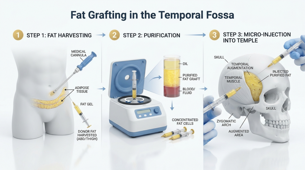 A high-definition medical educational infographic illustrating the three-step fat grafting procedure for the temporal fossa. The visual is rendered in a clean, clinical 8k hyper-realistic style, reminiscent of high-end medical marketing photography captured with a macro lens. The lighting is bright, even, and diffuse, characteristic of a professional studio environment, eliminating harsh shadows to emphasize clarity and precision. The composition is structured as a sequential process flow from left to right: (1) Fat Harvesting from the abdomen/thigh, (2) Purification using a medical centrifuge, and (3) Micro-injection into the temple area of a 3D medical skull model. Each step features precise, labeled illustrations of medical tools (cannulas, syringes) and anatomical structures (adipose tissue, temporal muscle, zygomatic arch). The color palette is composed of sterile whites, soft greys, and vibrant yellows denoting the harvested fat, creating a professional, trustworthy, and sophisticated aesthetic suitable for a cosmetic surgery clinical context.