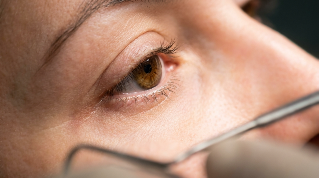 A hyper-realistic, 8k macro clinical close-up captured with an 85mm macro lens, focusing on the intricate textures of the human eye and periocular region. The lighting is precise and soft, highlighting the natural luminescence of the skin and the golden-brown iris, while carefully revealing fine skin pores and delicate eyelashes. A metallic, sterile medical instrument enters the foreground frame, providing a professional clinical context. The depth of field is exceptionally shallow, isolating the eye as the sharp, central focal point against a softly blurred, neutral-toned background, evoking a clinical yet high-end aesthetic. The subject's skin exhibits a natural, healthy texture with subtle nuances of tone and moisture, emphasizing a clean, meticulous, and sophisticated medical or scientific photography style.